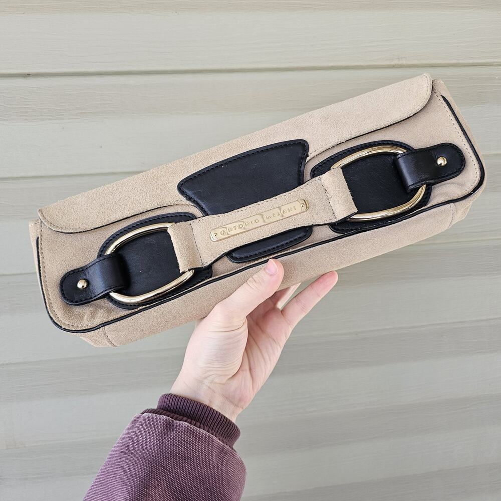 Antonio Melani Clutch Handbag Tan & Black Suede W/ Strap Luxury Brand